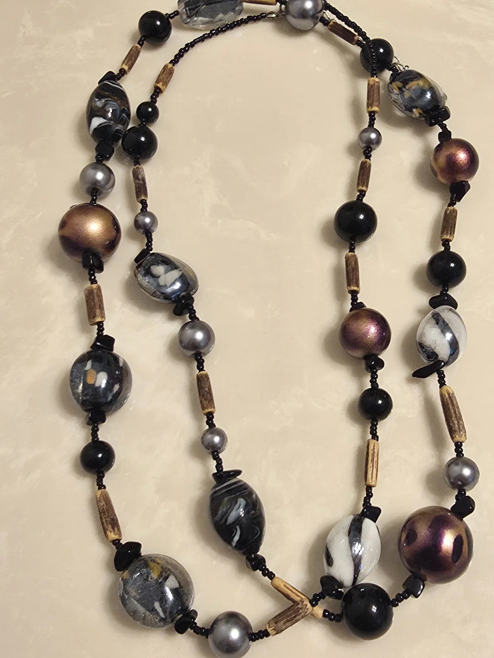 Elegant Multi-Strand Beaded Necklace in Black, Gray, Brown and Gold Tones